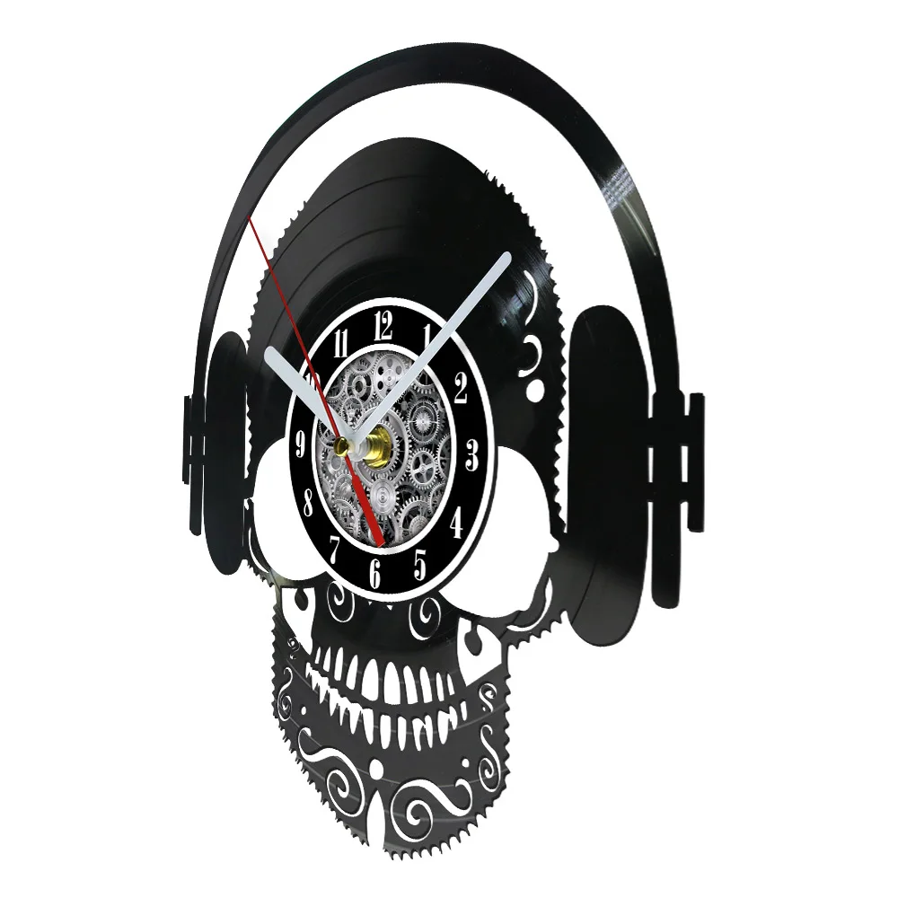 Skull with Headphone Vinyl Record Wall Clock Musician Goth Decor for Living Room Skeleton Head Laser Cut Music Album Wall Watch