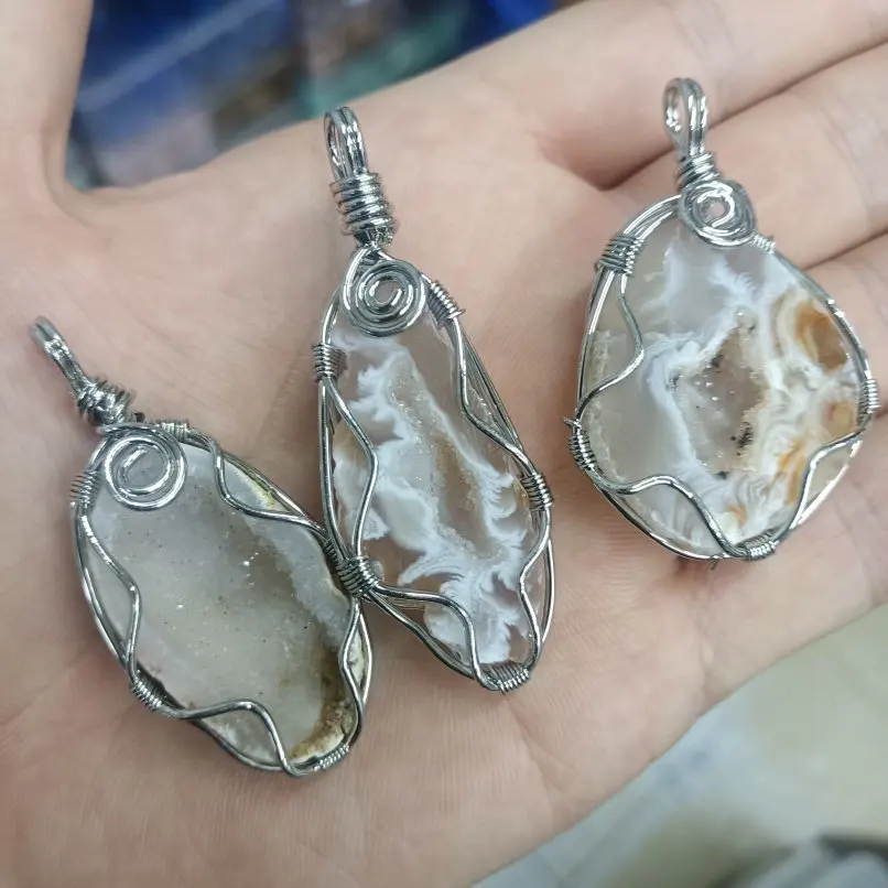 

10Pcs Geode Semi-precious Stone Agate Silver Plated Pendant Handmade Free Form Wire Wrapped Approx 52mm Jewelry For Women