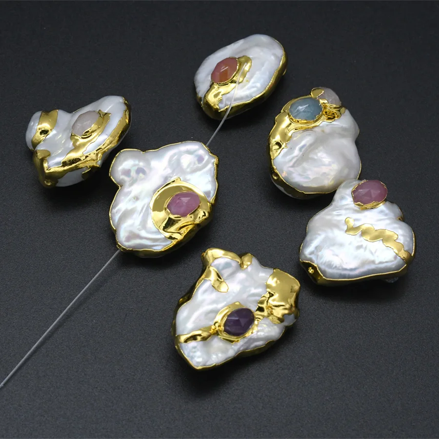 10pcs Newest Design 18k Gold Plating Irregular Natural Baroque Pearl Colorful Semi-precious Stone Paved Loose Beads