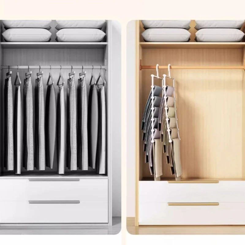شماعة سراويل قابلة للطي متعددة الطبقات ومشابك غير قابلة للانزلاق ومنظم خزانة موفر للمساحة لتخزين السراويل ونظام تعليق قابل للطي #5