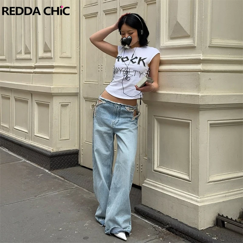 

REDDACHiC Cut-out Star Women's Jeans Hotties Shiny Diamond Low Waist Straight Raw Hem Tall Girl Trousers Trendy ICON Streetwear