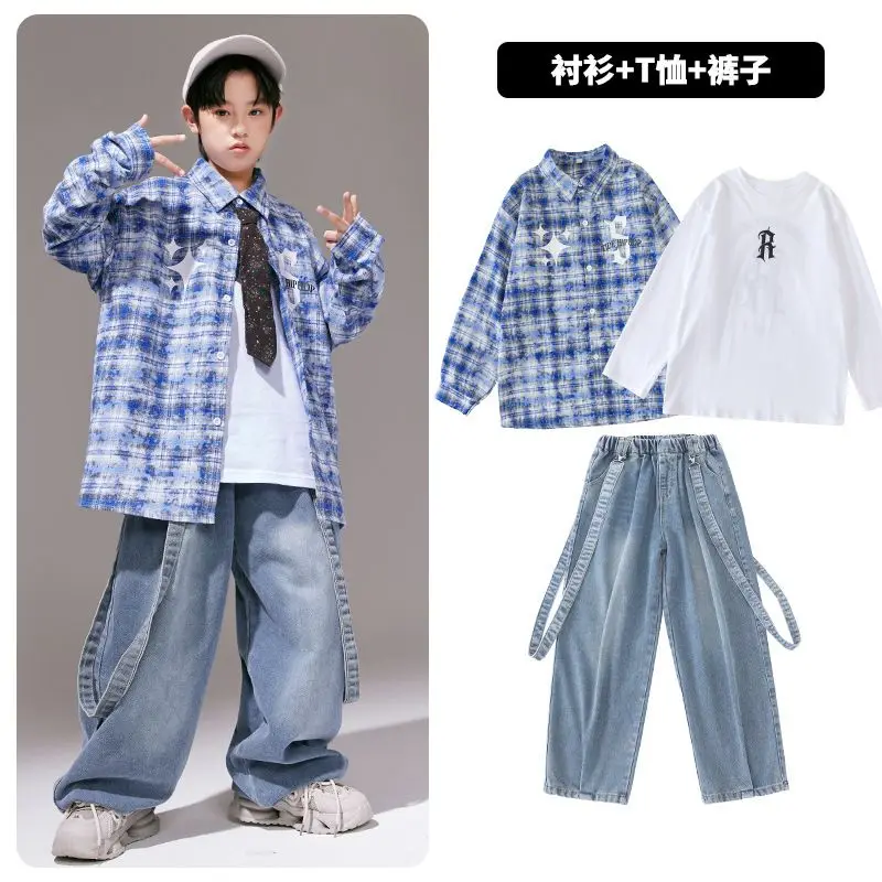 Hip Hop Jungen Paid Hemd Denim Weste Lose Jeans Mädchen Jazz Bluse Kind Street Dance Kleidung Sets Kinder Streetwear Teenager Kostüme