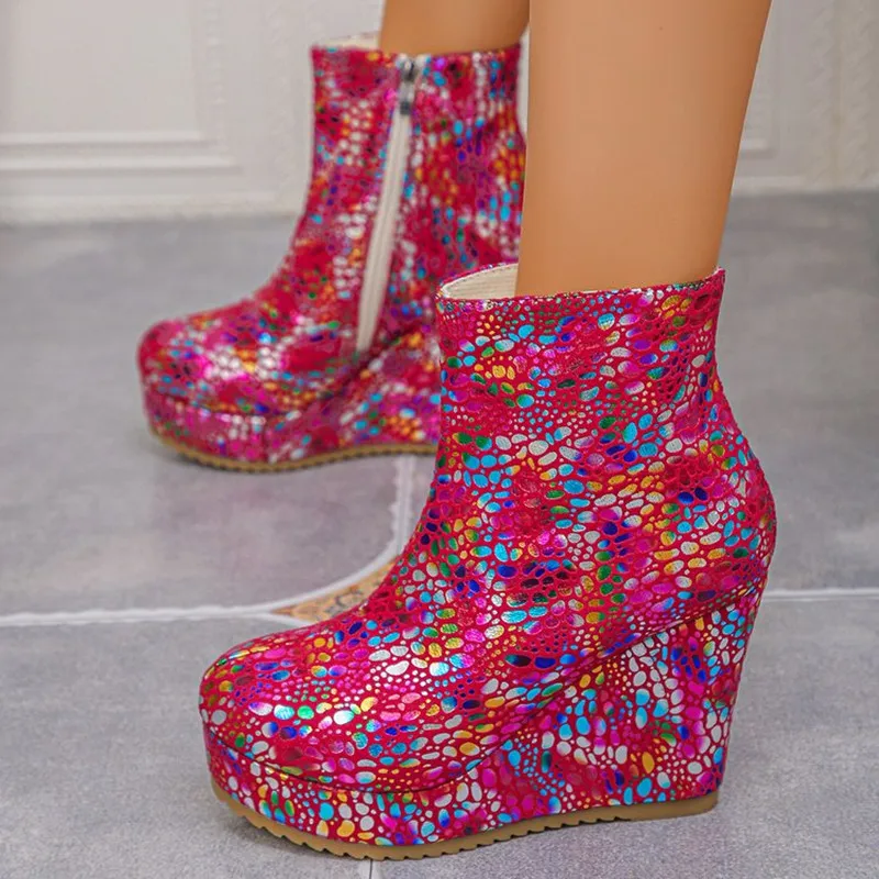 New Trendy Color Wedge Heel Casual Women's Short Boots Spring Autumn Design Fashionable Round Toe Comfort High Heel Women Shoes