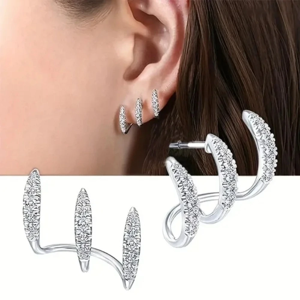 1-Pair Three Thread Claw Design Women's Earrings Multi Color Artificial Crystal Fashion Versatile Women's Through Ear Earrings