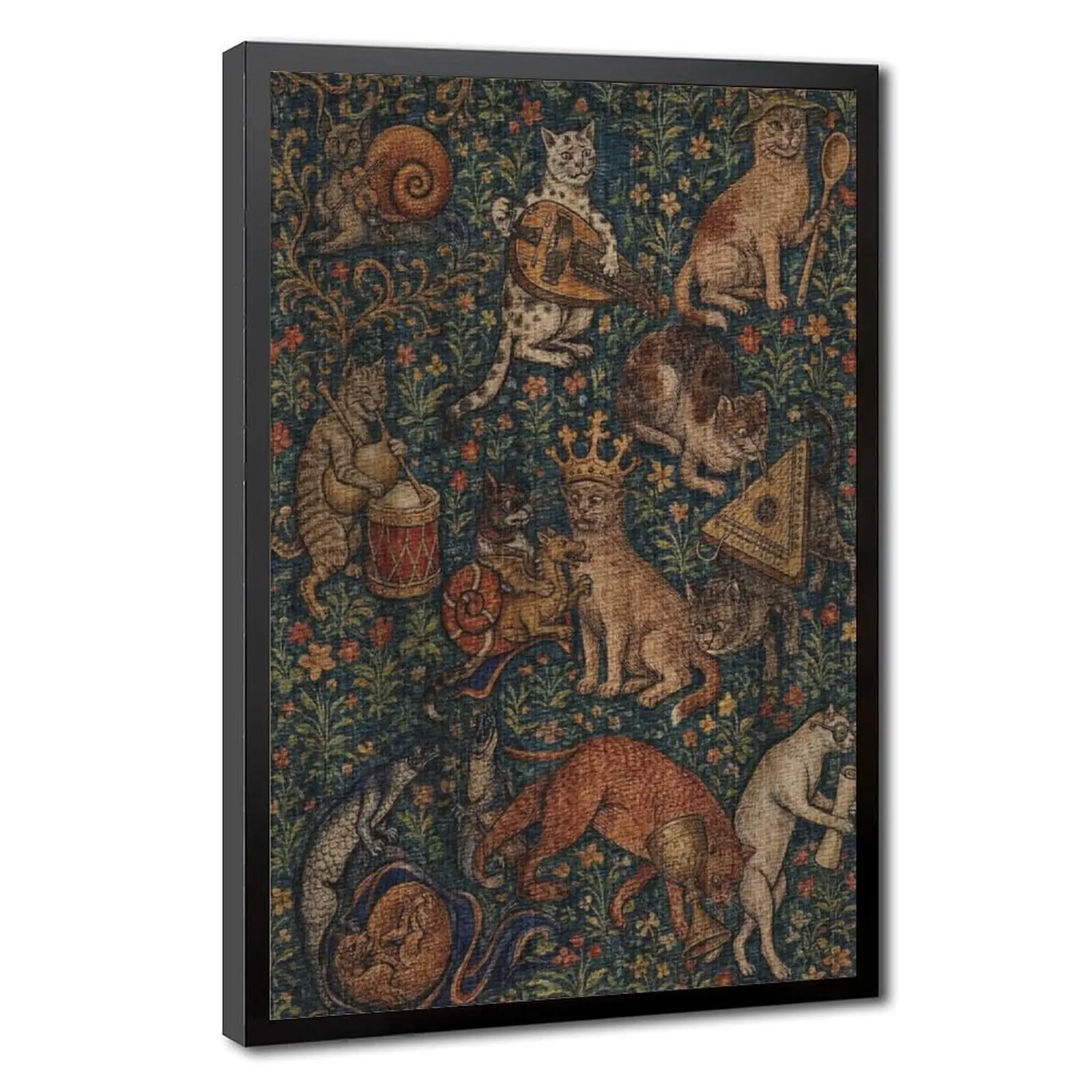 Medieval Cats Tapestry Style Black Frame Framed Canvas Wall Art for Living Room Bedroom Office Dining Room Entryway