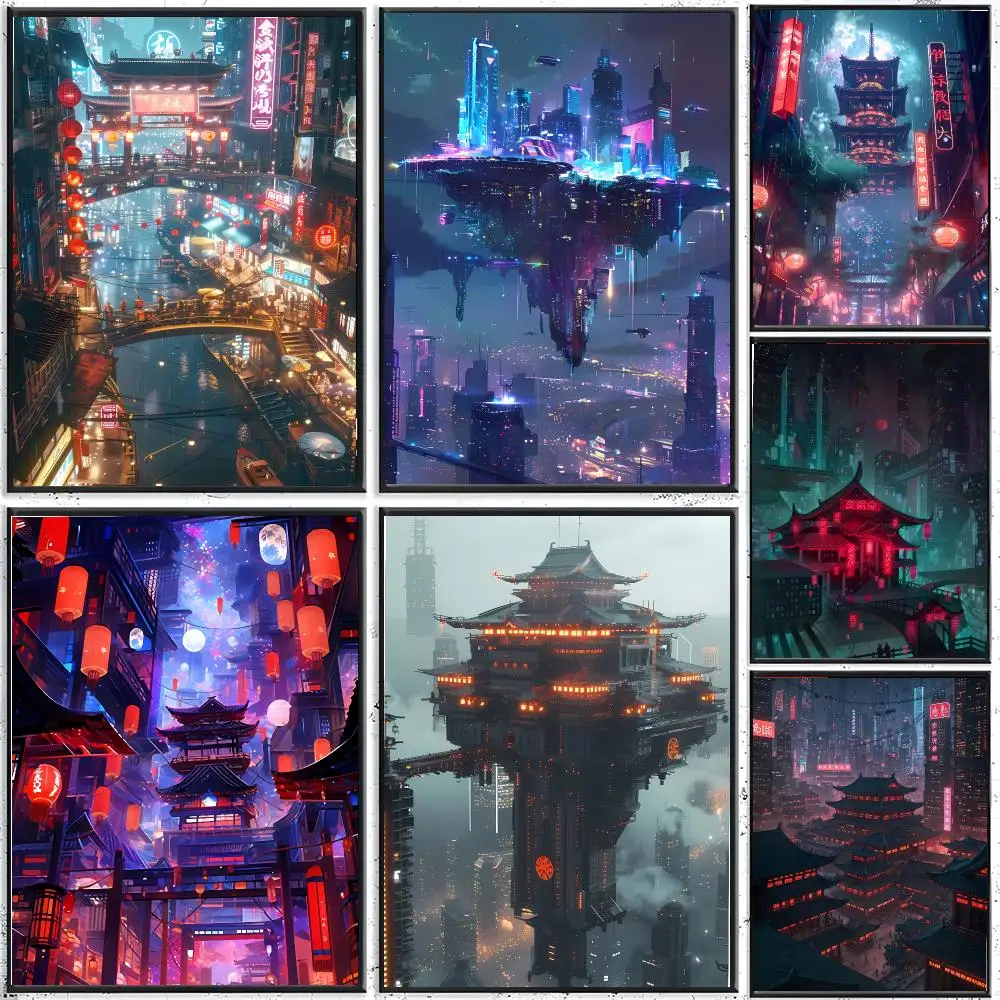 Retro Illustration C-Cyberpunk-Style Eastern Urban Poster Modern Indoor Wall Decor & Aesthetic Home Space Design