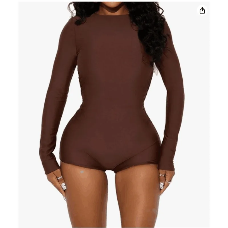 Women's Black Long Sleeve Bodysuit Round Neck Bodycon Romper Stretchy Slim Fit Jumpsuit Casual Club Party Y2K Fashion Outfit