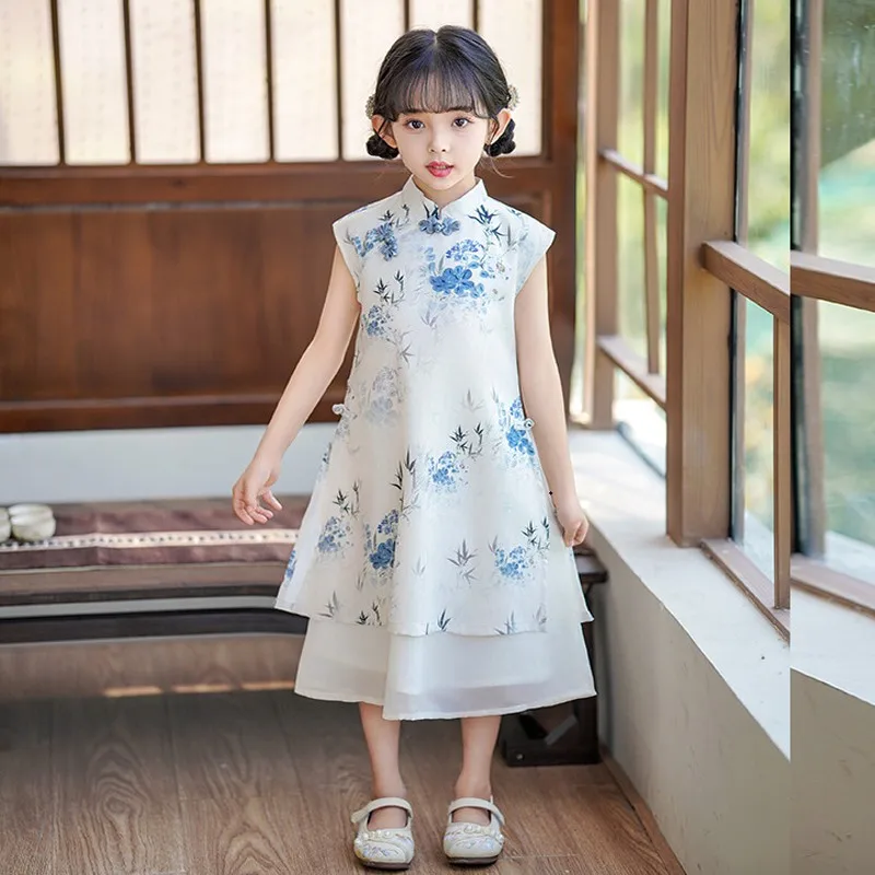 Sweet Girls Chinese Hanfu Cheongsam Kids TangSuit Dress Children Party Outfits Qipao Wedding Flower Girl Dress New Birthday Gift