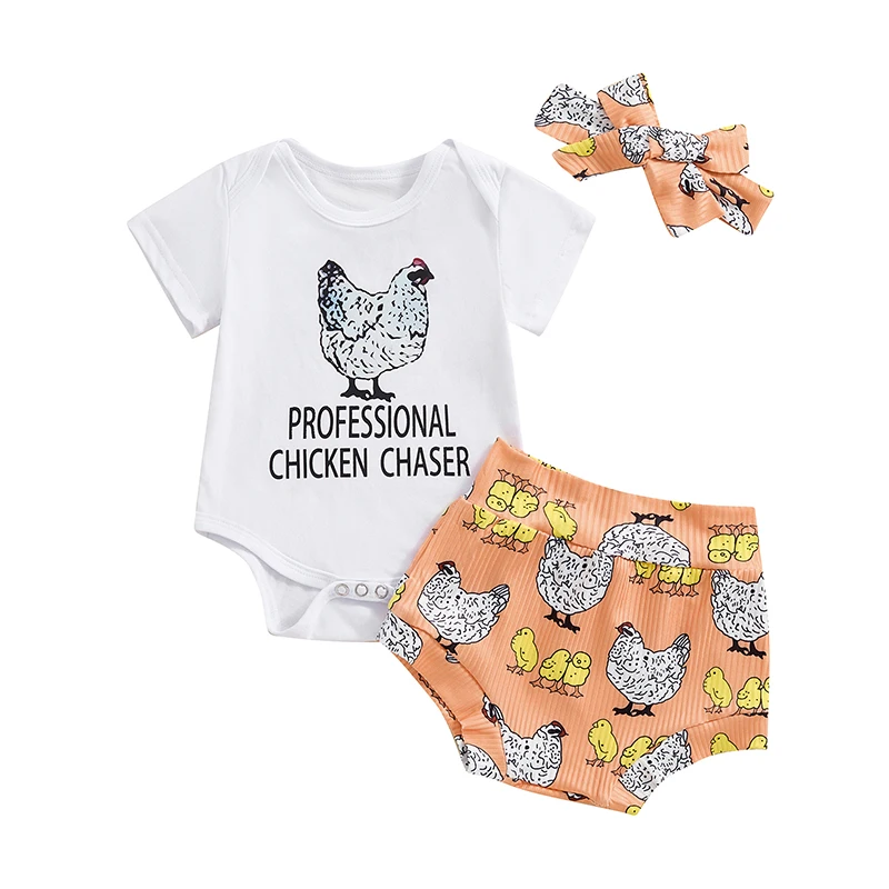 

Baby Girl Farm Outfit Chicken Print Short Sleeve Romper Ruffle Bloomer Shorts Headband Set Newborn 3Pcs Clothes