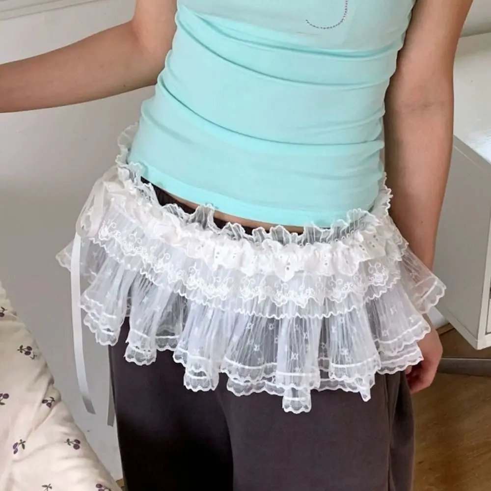 

New Embroidered Flower Lace Mini Skirt See Through Harajuku Lace Up Ruffles Skirt Y2K Streetwear Ruched Skirts Jeans Decoration
