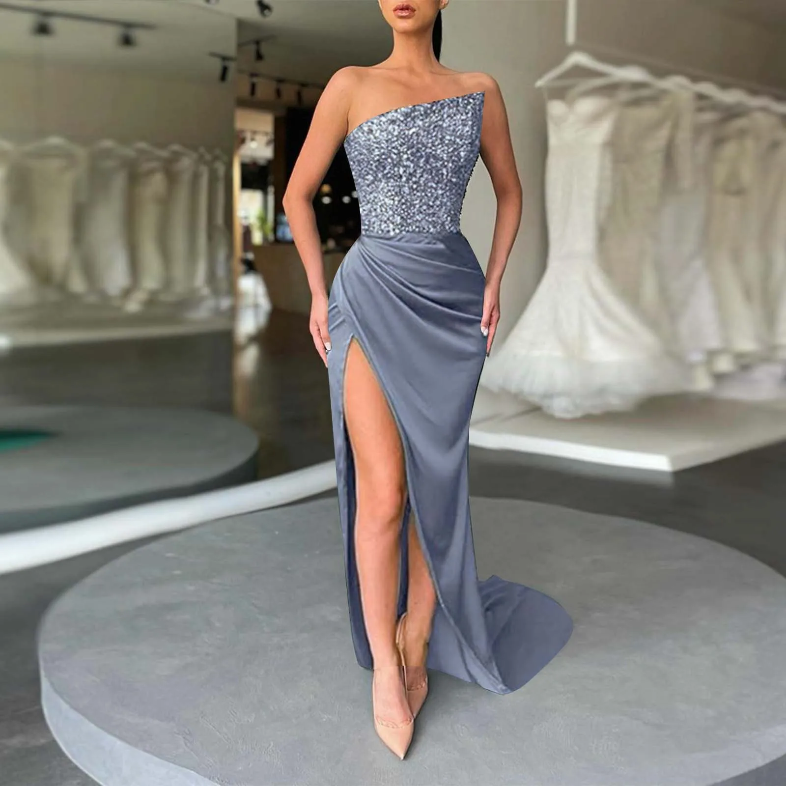 

2024 Fashion Strapless Sequined Evening Dress Women Sexy Sleeveless High Split Long Dress Elegant Ladies Formal Dresses Robe