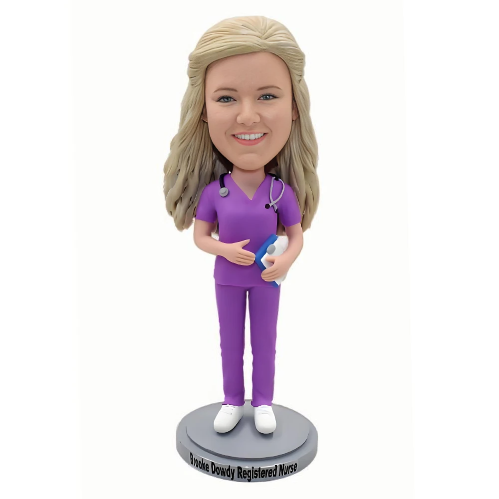 Custom Nurse Bobblehead Figure,Purple Scrubs Stethoscope,Personalized Medical Professional Statue,Office Decoration Retire Gift