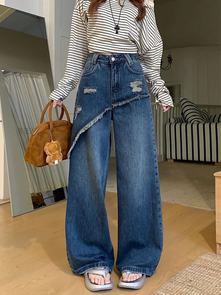 

Женские повседневные широкие джинсы в американском стиле ретро, новые осенние свободные брюки с высокой талией, модные лоскутные прямые джинсовые брюки