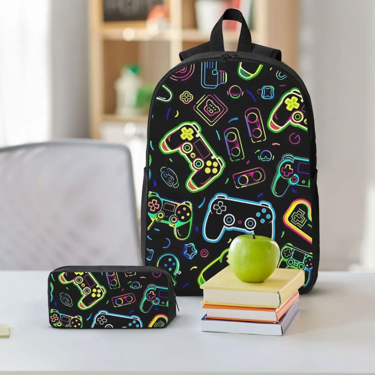Retro Game Controllers Pattern Backpack Boys Girls BookBag School Bag Shoulder Bags 3ps Insulated Lunch Bag Pencil Case
