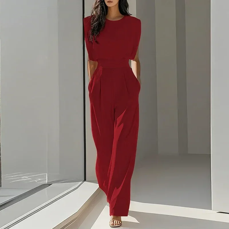 Women's Clothing Trend 2025 Spring O Neck Solid Slim Jumpsuit Elegant High Waist Pocket Office Romper Summer Sleeveless Overalls - Image 3