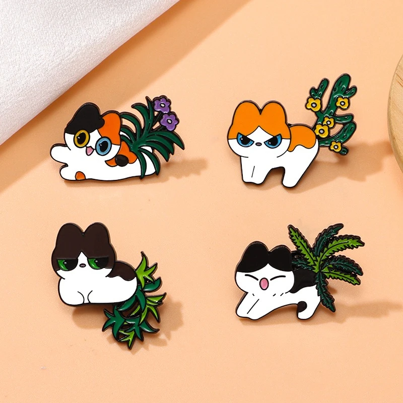 Cute Cartoon Plant Tail Cat Design Brooches Creative Animal Badge Enamel Alloy Pins DIY for Clothes