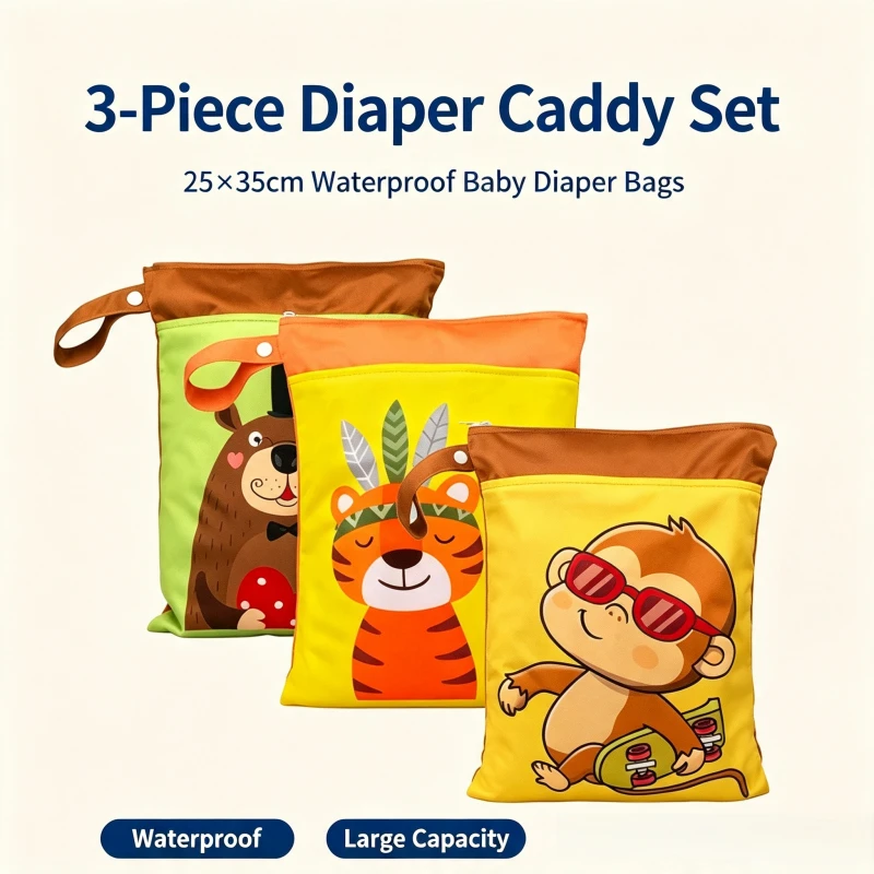 3PCS Cartoon Diaper Organizer Set Double Pocket Wet Dry Bag Baby Stroller Hanging Washable Large Capacity Children