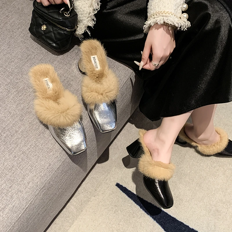 Women Slippers Pointed Toe Elegant Mules Slippers Autumn Furry High Heels Shoes Women Office Work Slides Women Zapatos De Mujer