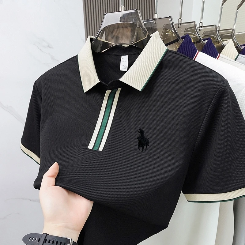 New Men's High-Quality Silk Short-Sleeved Polo Shirt for Summer Fashion, Casual, Silky, Cool and Breathable T-Shirt Top