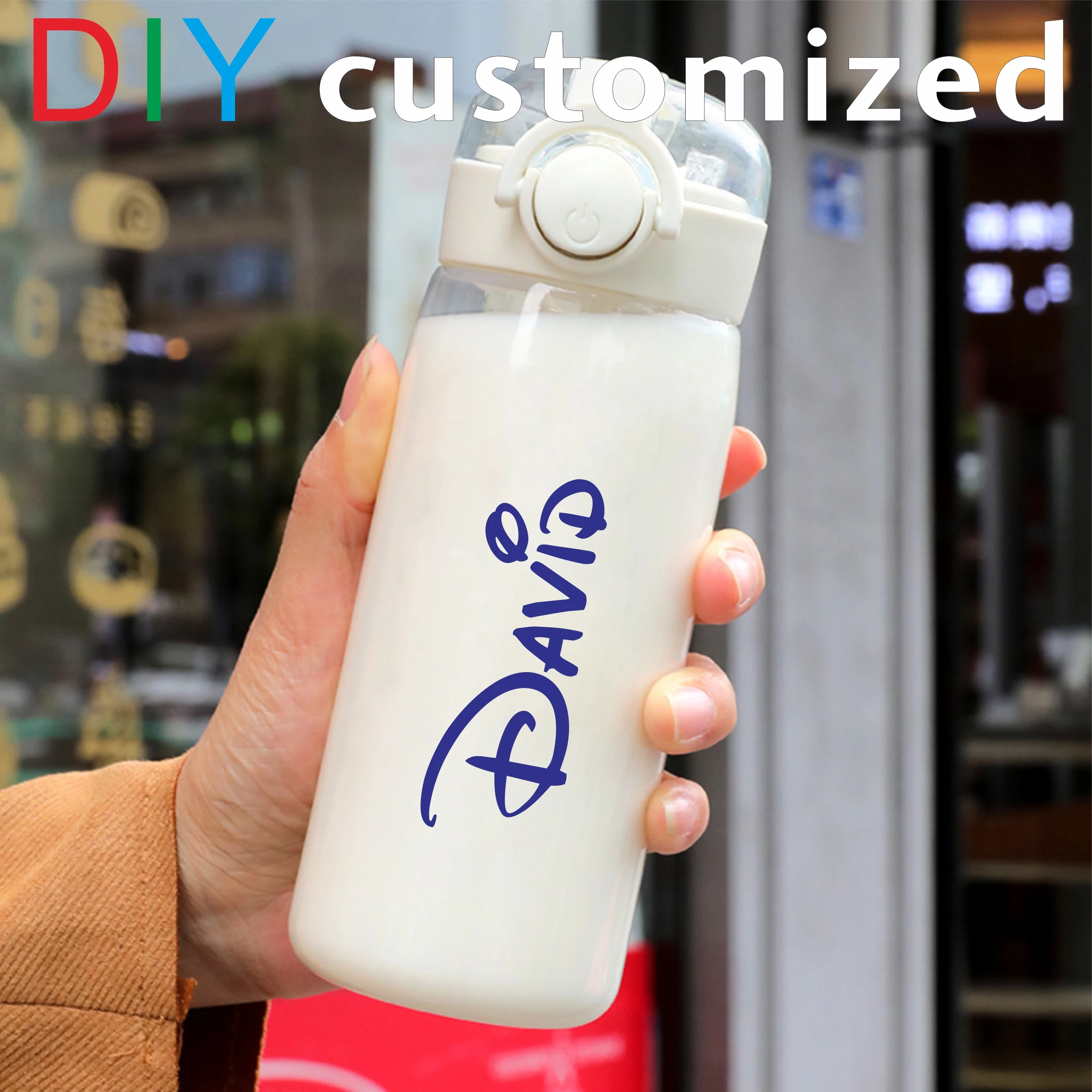 DIY 400MLSchool Bottle Plastic Customize Print Name Kid\'s Children Cup Straw Tube Ring Handle Easy Take Food Safety Material