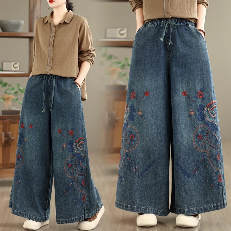 

Новые этнические джинсы с вышивкой, широкие штанины, свободный крой, с поясом, прямой крой, повседневные, с высокой талией, длинные, тонкие, джинсовые брюки