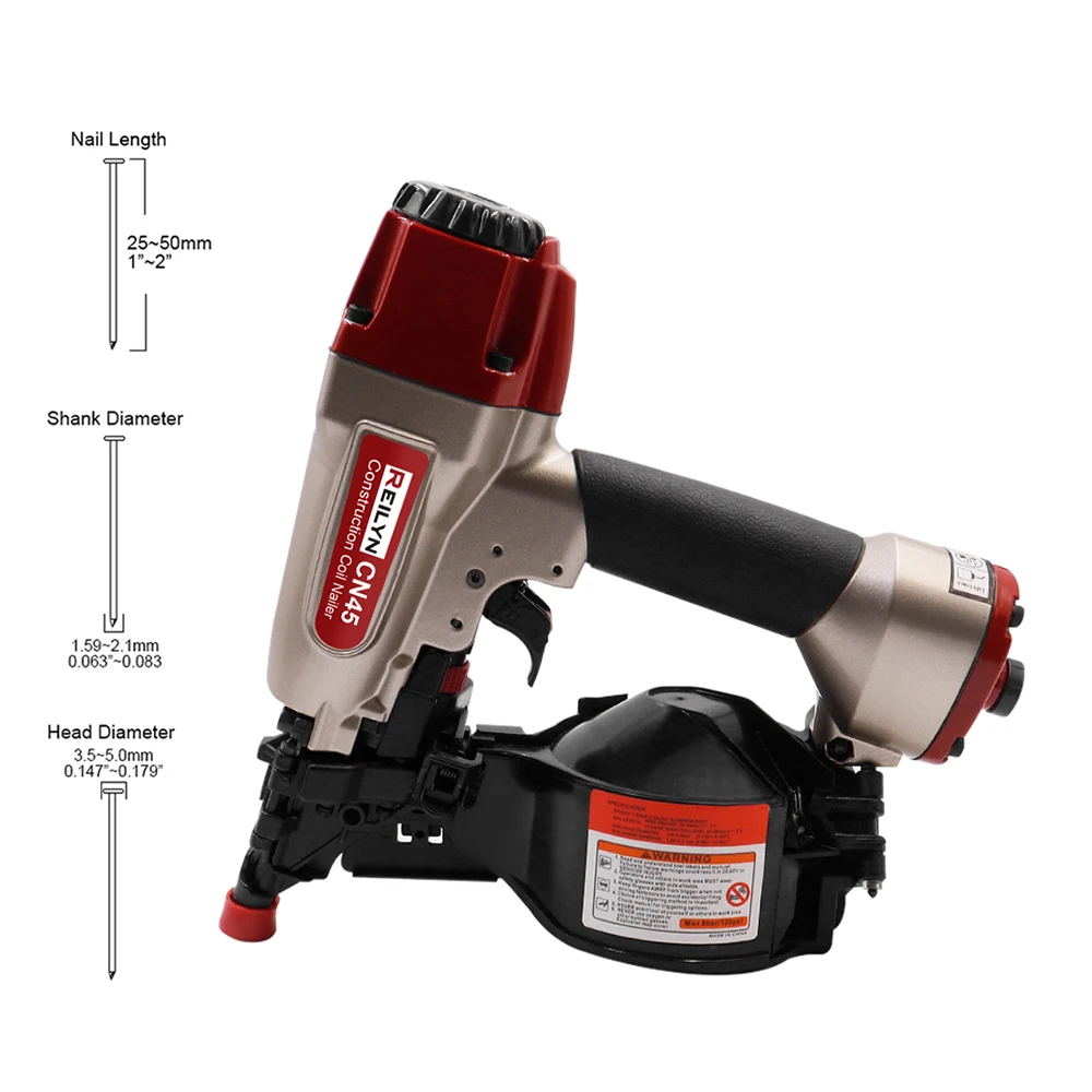 

CN45 Coil Nailer 15 Degree Pallet Pneumatic Nailing machine 1"-2" Coil Nails for Flooring House Construction Woodwork Tools
