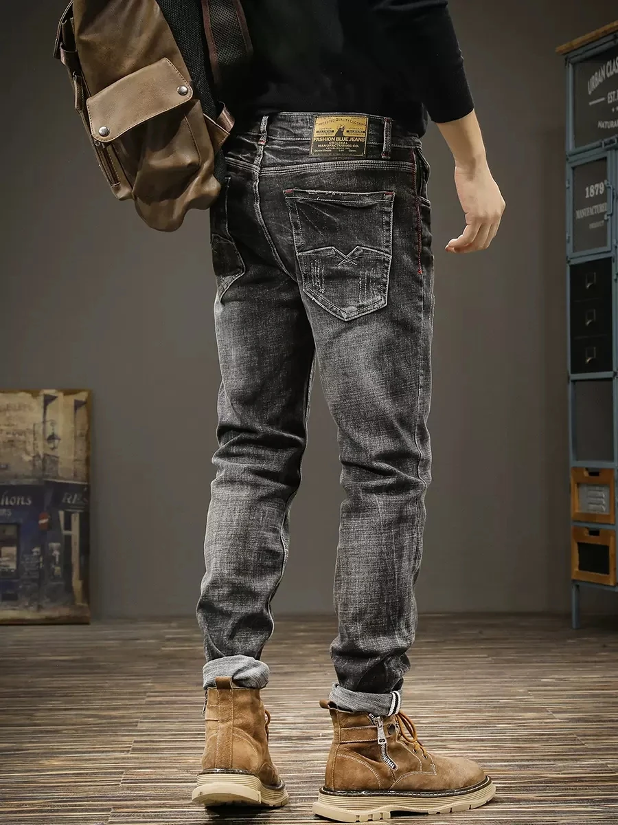 Italian Designer Fashion Men Jeans Retro Black Gray Stretch Slim Ripped Jeans Men Elastic Vintage Trousers Denim Pants Hombre