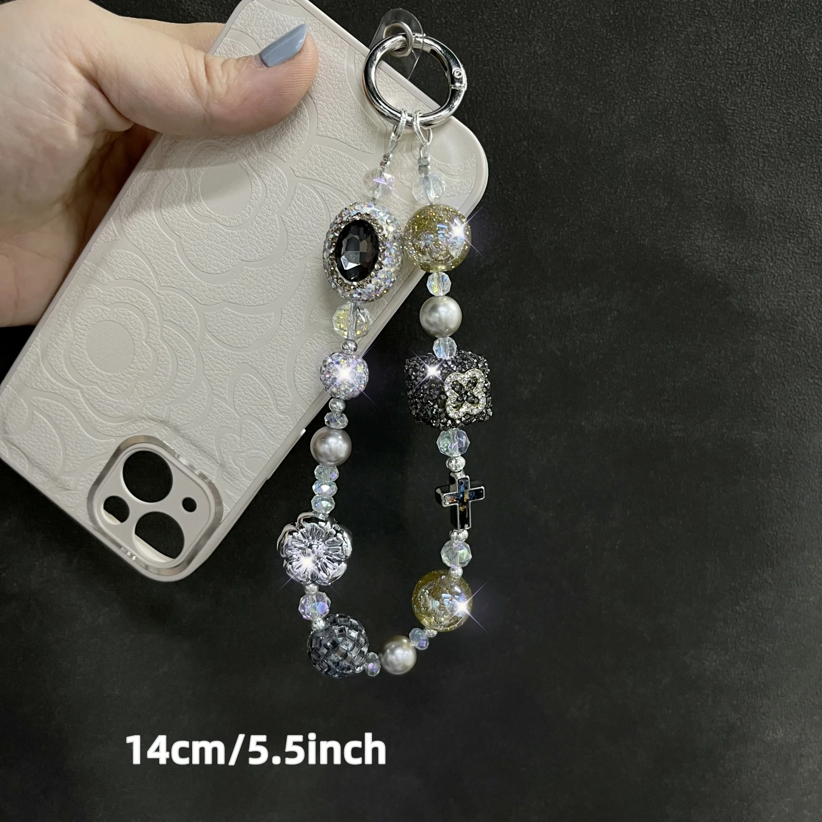 Light luxury dark gray square clover mobile phone chain, black pigeon egg mobile phone accessories, phone charm gift for her