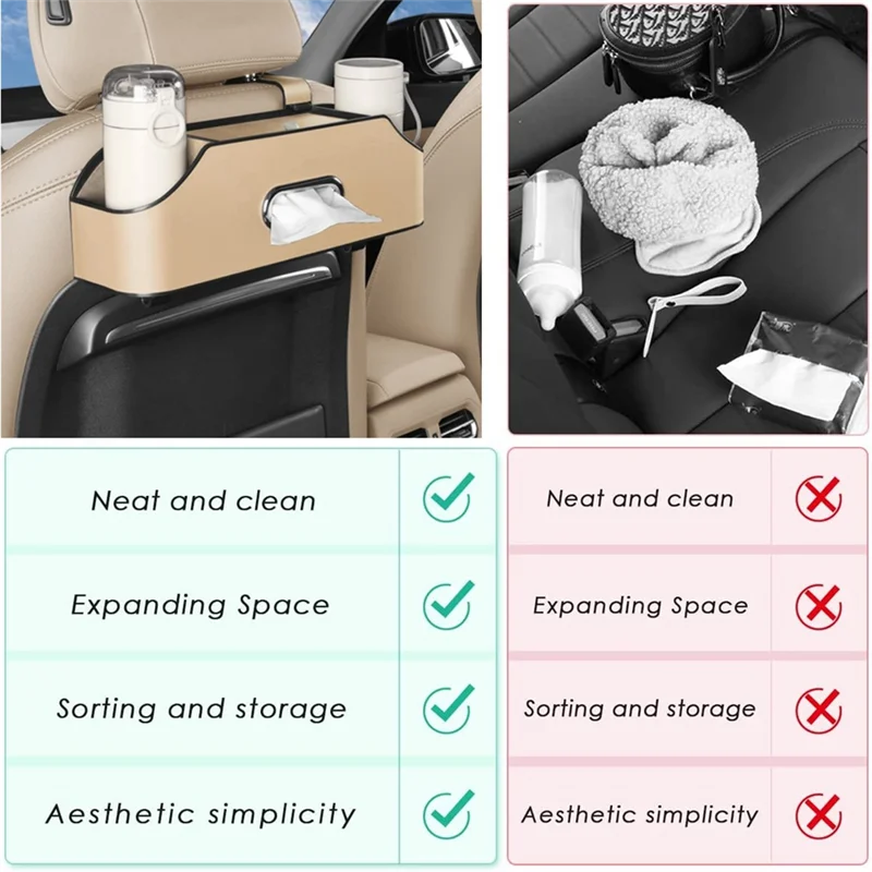 X59A_Car Organizador do banco traseiro do encosto de cabeça com 2 porta-copos, suportes para celular, ganchos e acessórios para caixa de tecido - bege
