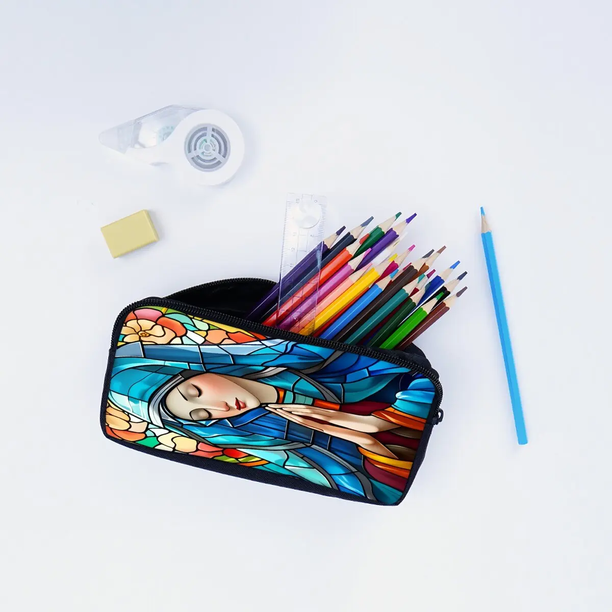 Set Tas Troli Beroda Motif Bunda Maria dengan Kotak Makan dan Tempat Pensil, Tas Ransel Troli Sekolah untuk Anak Perempuan/Laki-laki