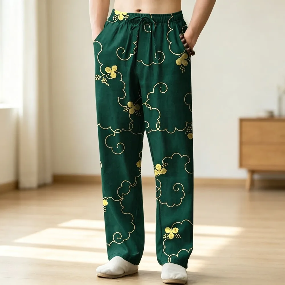 Men's Cotton Japanese Harajuku Wide Leg Harem Pants Ethnic Landscape Print Casual Trousers with Side Pockets Aesthetic Bottoms