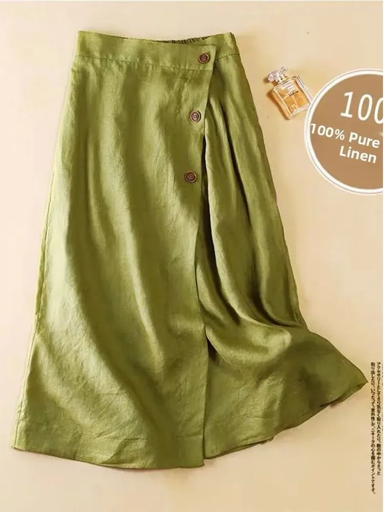 Pure Color Elastic Waist Split Button Half Skirt Ladies Casual Skirts Polyester Fiber Asymmetrical Hem Loose Fit Spring Season