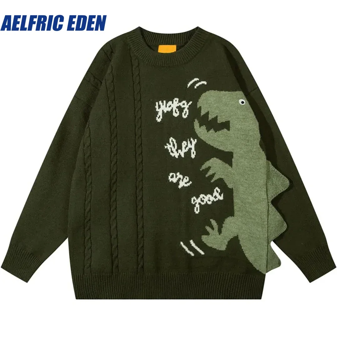 Aelfric Eden Hip Hop dinozor kazak Y2K erkekler Harajuku örme komik karikatür Jumper Streetwear Casual gevşek kazak triko