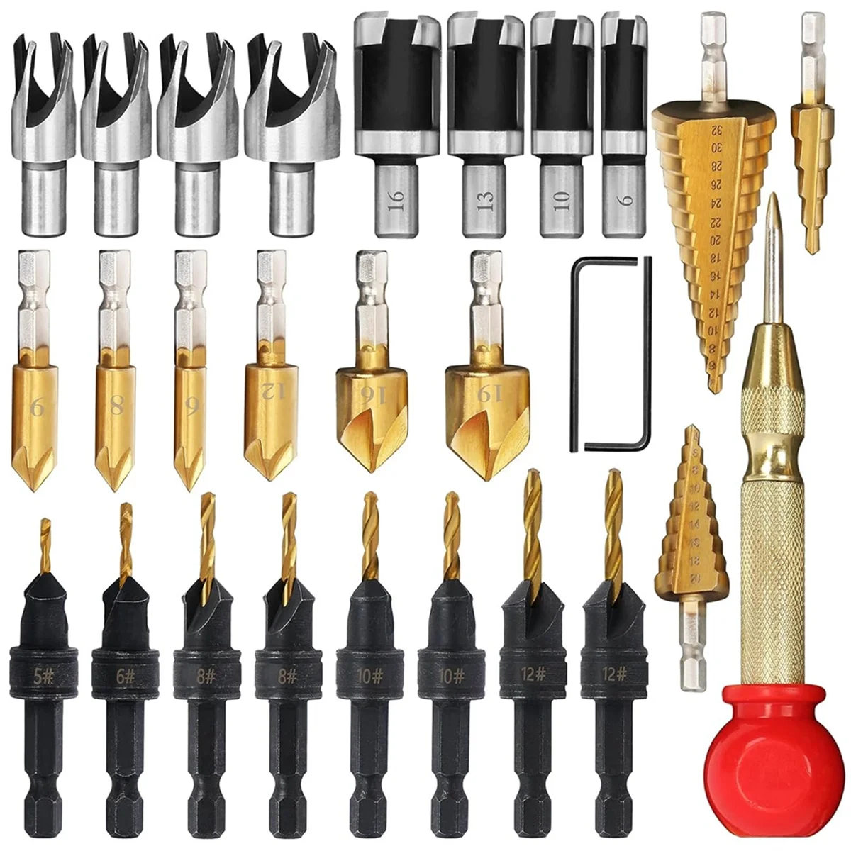 

28 Pcs Woodworking Chamfer Drilling Tools, Including Countersink Bit, Wood Plug Cutter Drill Bit Set