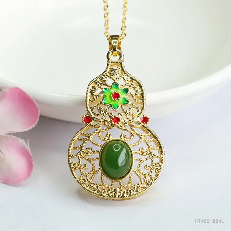 

Natural Green Hetian Jade Gourd Pendant Lucky Charm Necklace HT4051804L