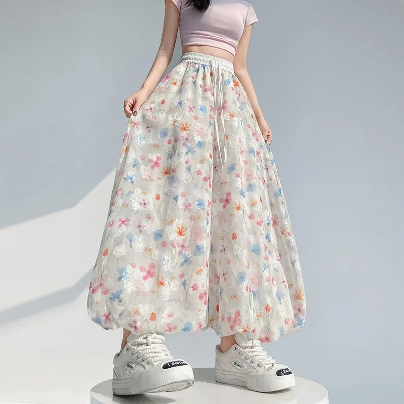 

2025 Colorful Floral Bud Loose Wide-Leg Pants Women's Summer Thin Trousers High-Waist Straight Lantern Pantskirt Pants Culottes