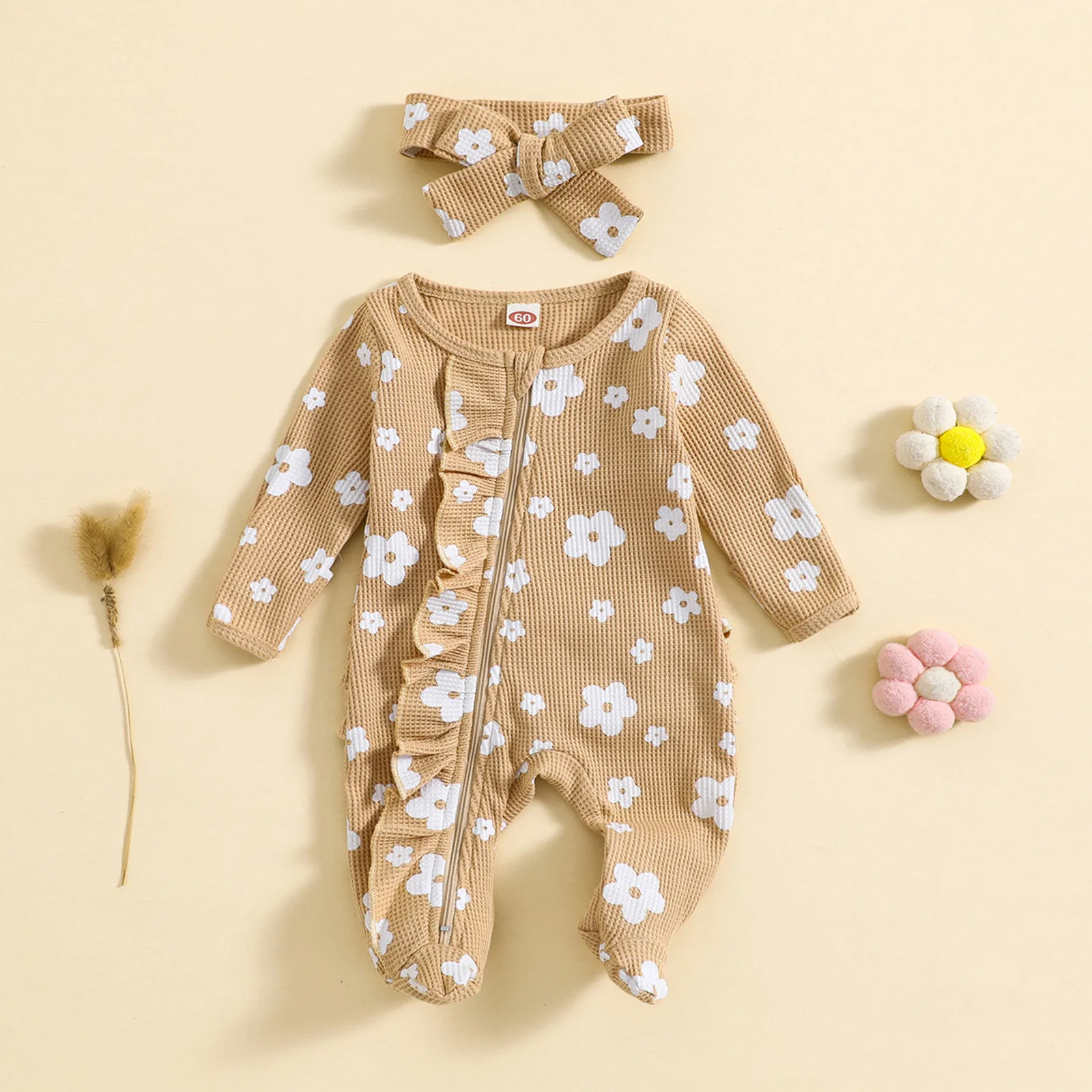 0-18M Newborn Infant Baby Girls Jumpsuit Floral Print Long Sleeve Zipper Romper Headband Fall Winter Outfits New born Costumes