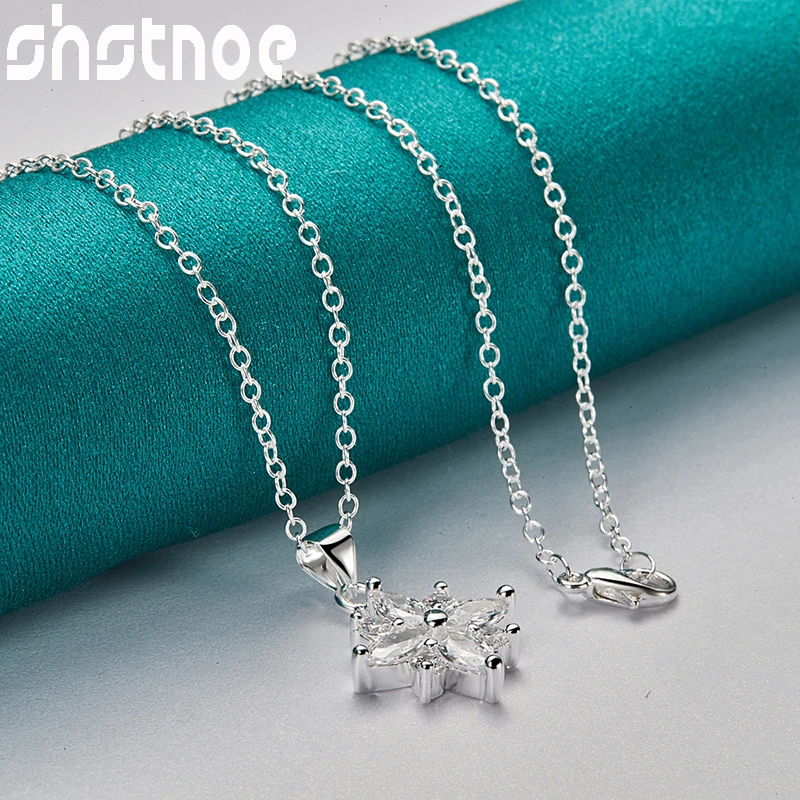 

Hot 925 Sterling Silver AAA Zircon Snowflake Pendant Necklace For Women Wedding Party Birthday Original Jewelry 16-30 Inch Chain