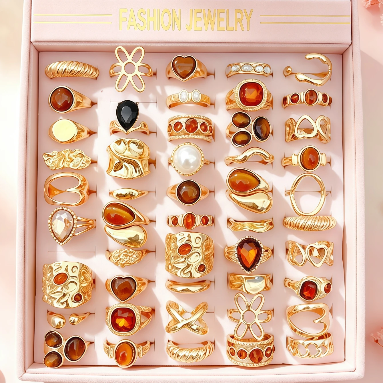 6/8/12/24/36Pieces Fashion Flowers Heart Geometry Stone Rings Set For Women Mix Style Trendy Elegant Daily Jewelry Party Gifts