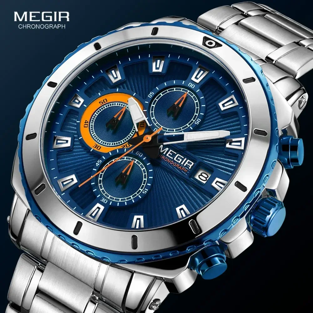 MEGIR-Montre à quartz chronographe à cadran bleu pour homme, montres-bracelets analogiques en acier inoxydable, mains Shoous, mode, 2075G-2