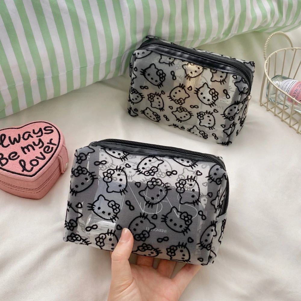 

Косметичка Hello Kitty Kawaii, милая черная сетчатая сумка для хранения кошек, женская сумка на плечо Sanrio, ручная сумка для макияжа, сенсорная сумка