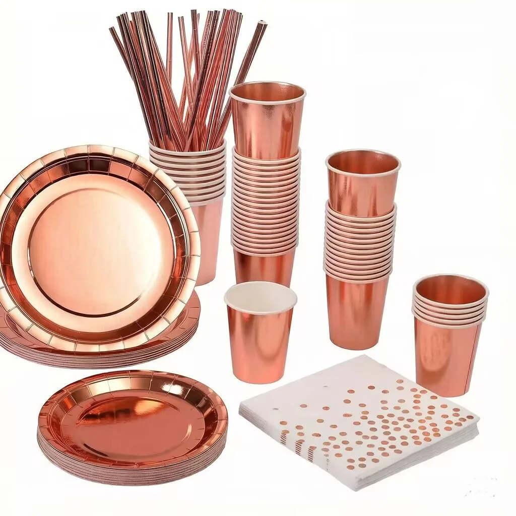 Roségold Einweg-Geschirrset, Pappbecher, Teller, Servietten, Tischdecken, Strohhalme, Verlobung, Hochzeit, Geburtstagsparty-Zubehör – Detail 1