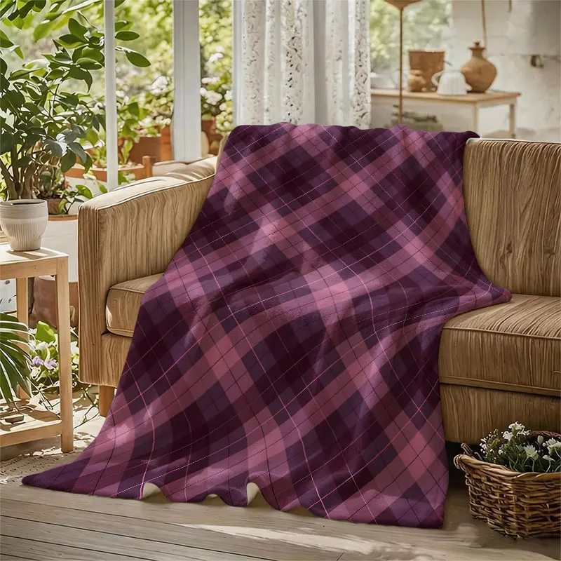 Mauve Purple Tartan Check Flannel Blanket Perfect for Sofa Office Bed Travel Sleep Read Relax Camping Four Season Use