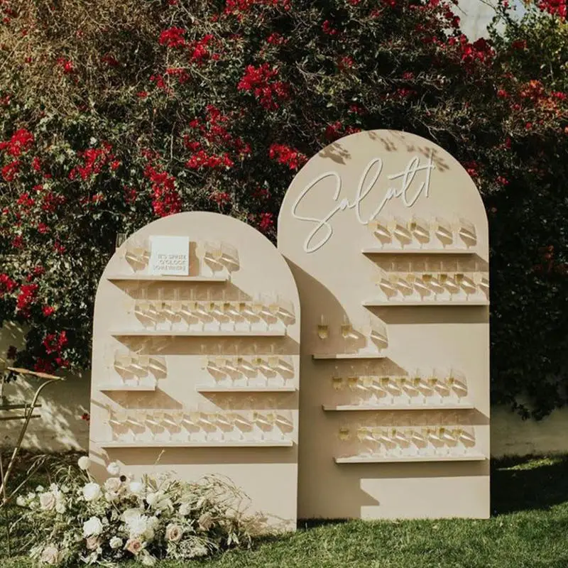 DIY Wooden Champagne Display Wall With Adjustable Holders Perfect For Wedding Reception Bar Setup And Photo Backdrop