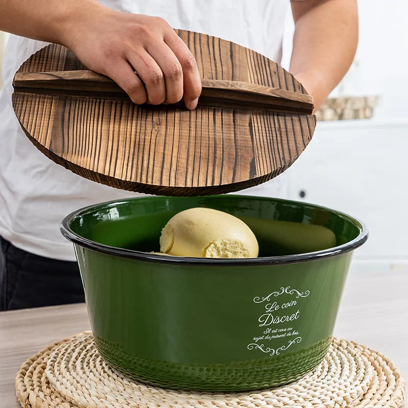 Storage Basin Thickened EnamelMaterial Household RetroChineseStyle Fir Cover Green round Large Capacity Burning Dough Soup Plate