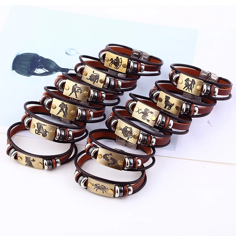 12 Constellation Bracelets Couples Stainless Steel Buckle Leather Bracelets Men's Constellation Wrist Strap Wholesale