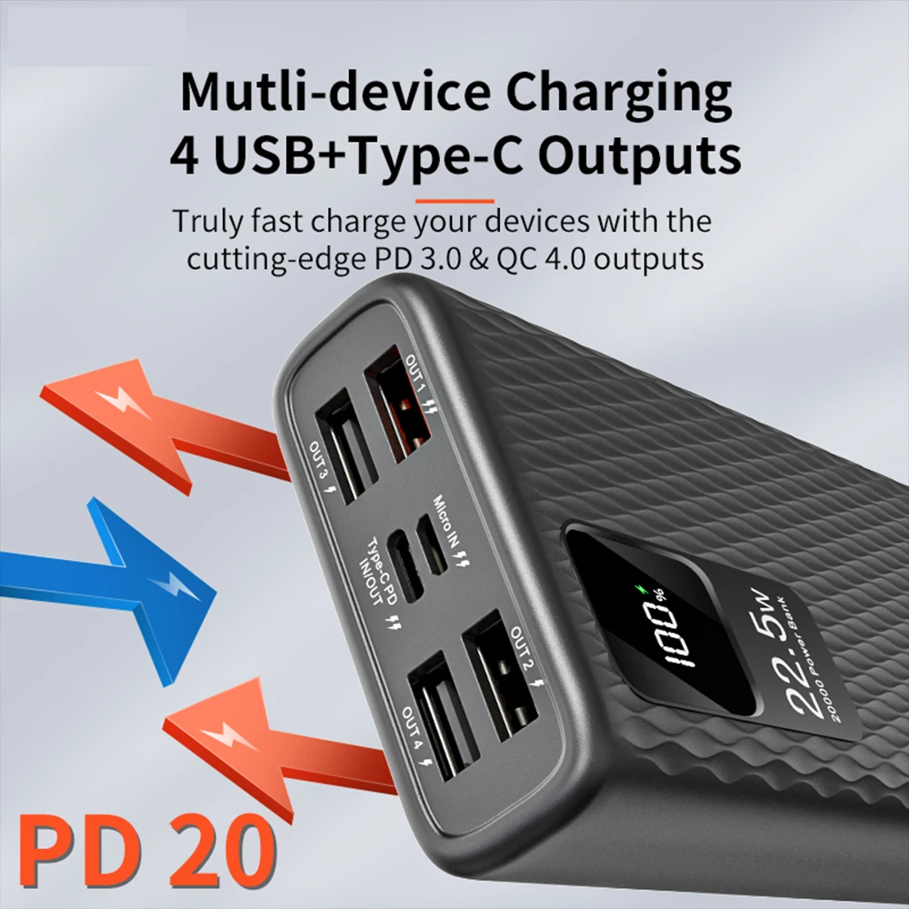 Power Bank 20000mAh USB C Portable Charger Fast Charging, 20W PD +22.5W QC  LED Display Phone Battery Pack For Iphone ,Samsung