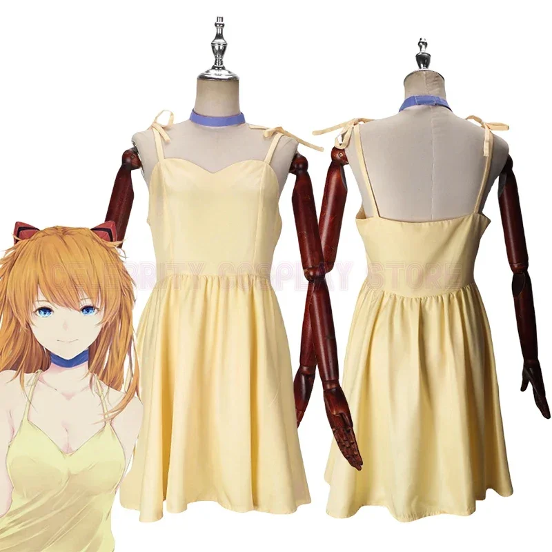 

New 2025 Anime Asuka Langley Soryu Cosplay Costume Women Yellow Slip Dress Summer Fashion Clothes Halloween Outfits