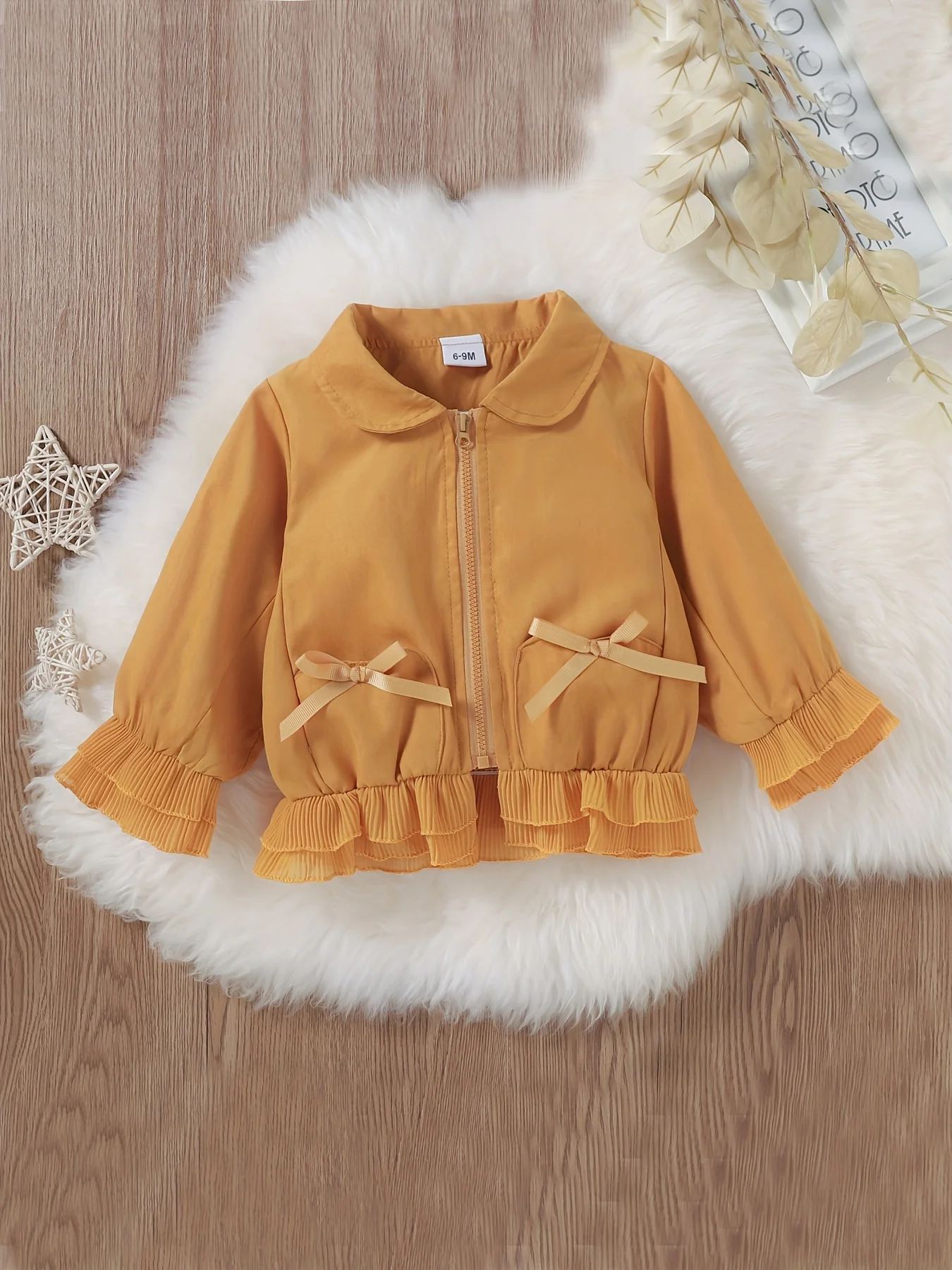 Infant Girls' Casual Ruffled Zipper Jacket, Solid Color, Spring, Autumn