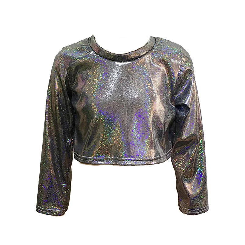 

Child Adult Holographic T-shirt Dance Clothing Shiny Metallic Casual Loose Tops Laser Costume Performance Clothing Long-sleeved